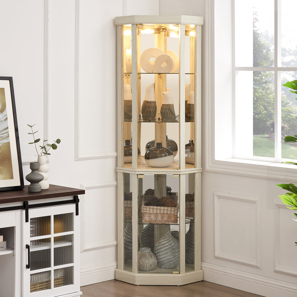 Corner Lighted Curio Cabinet Corner Glass Cabinet Lighted Curio Cabinet Corner Display Case for Living Room, Curio Cabinet, Antique collection, Wine,Bar Glass Storage Light Included,Antique White - Grand Goldman Shop