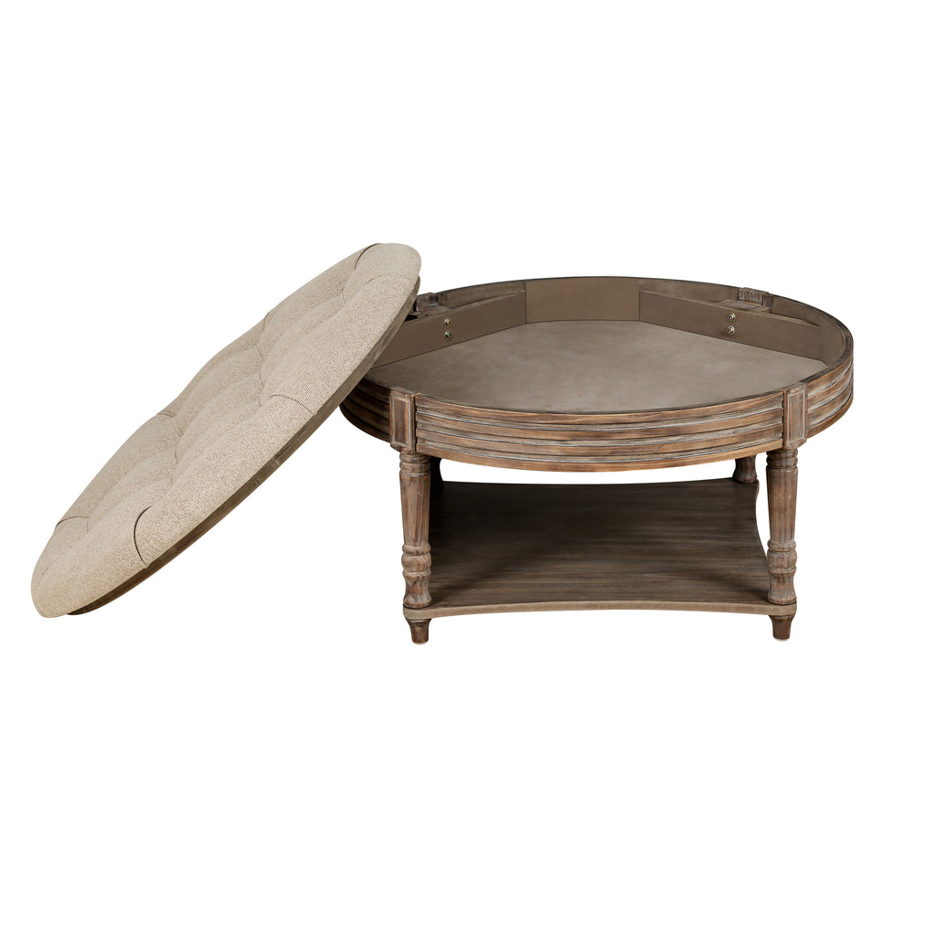 Large Round Waterproof Ottoman Coffee Table 2 Tier Oversized Button Tufted Ottoman with Wooden Shelf Storage Farmhouse Upholstered Coffee Table Living Room Footstool Ottoman Linen - Grand Goldman Shop