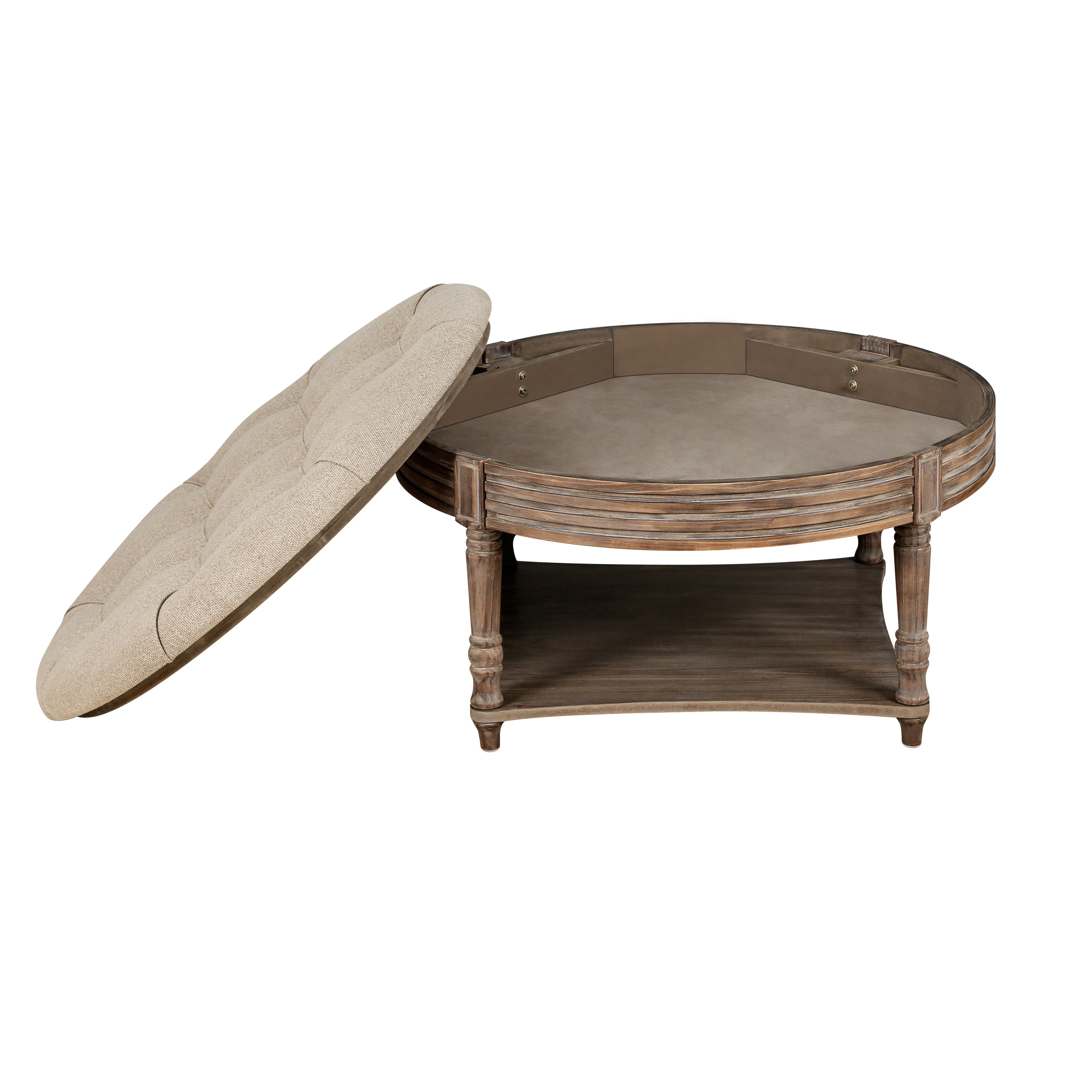 Large Round Waterproof Ottoman Coffee Table 2 Tier Oversized Button Tufted Ottoman with Wooden Shelf Storage Farmhouse Upholstered Coffee Table Living Room Footstool Ottoman Linen - Grand Goldman Shop