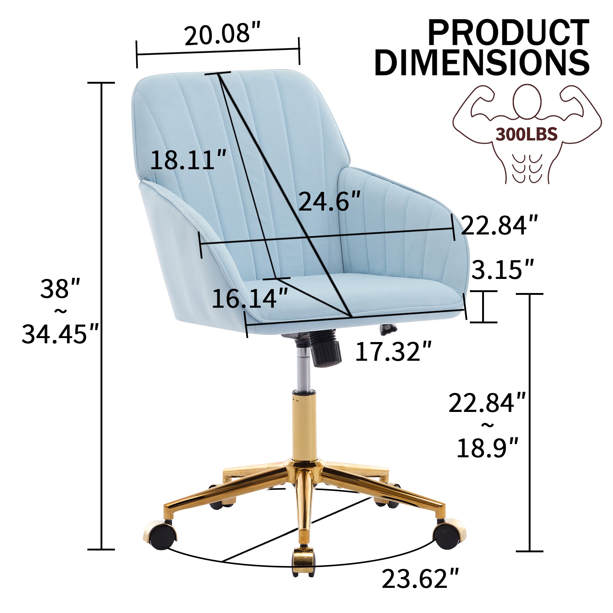 TY Adjustable Office Chair, Ergonomic Swivel Chair with Golden Base, Baby Blue Velvet, Comfortable for Long Sitting - Grand G