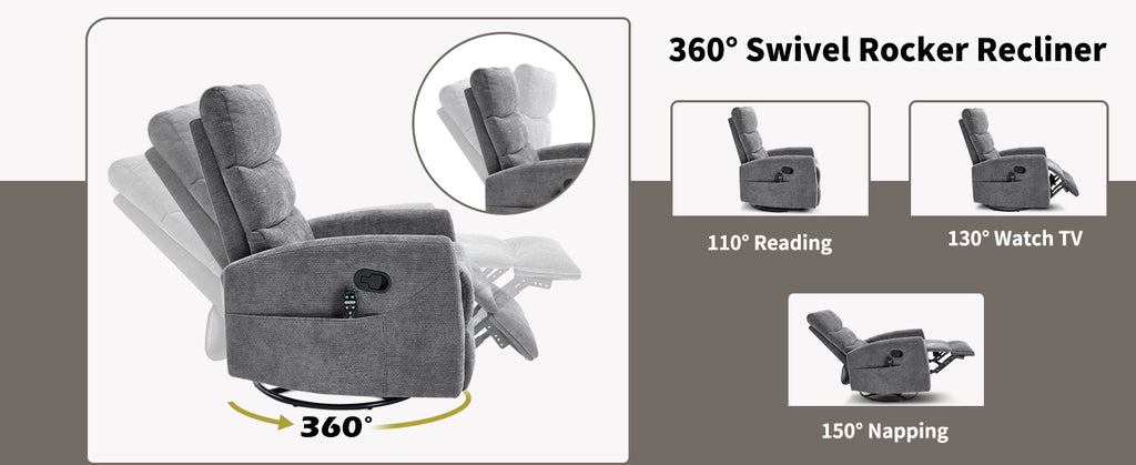 Heat Massage Manual Recliner Chair with Rocker and Swivel in Fabric for Living Room, GREY - Grand Goldman Shop