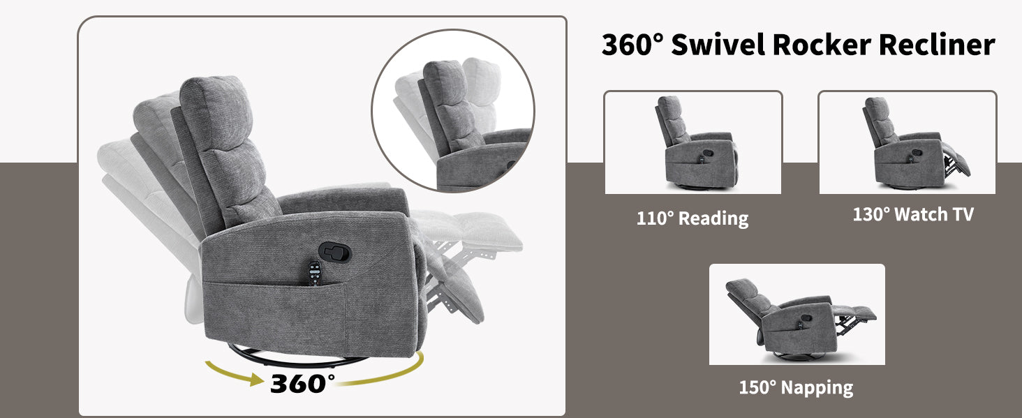 Heat Massage Manual Recliner Chair with Rocker and Swivel in Fabric for Living Room, GREY - Grand Goldman Shop