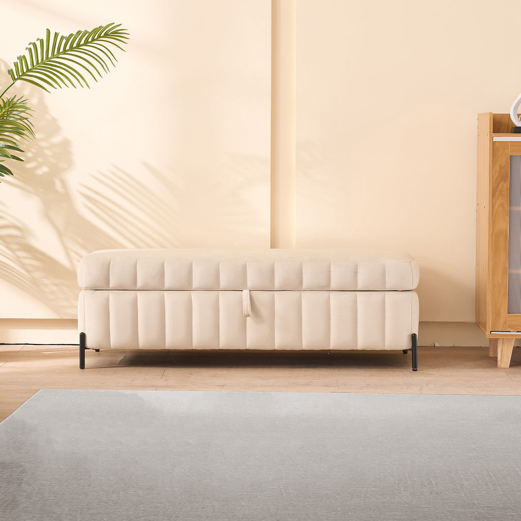 49.21' Wide Upholstered Velvet Storage Soft Bench Footstool Ottoman End of Bed with Metal Legs, Foot Rest for Living Room, Entryway and Bedroom, Beige - Grand Goldman Shop