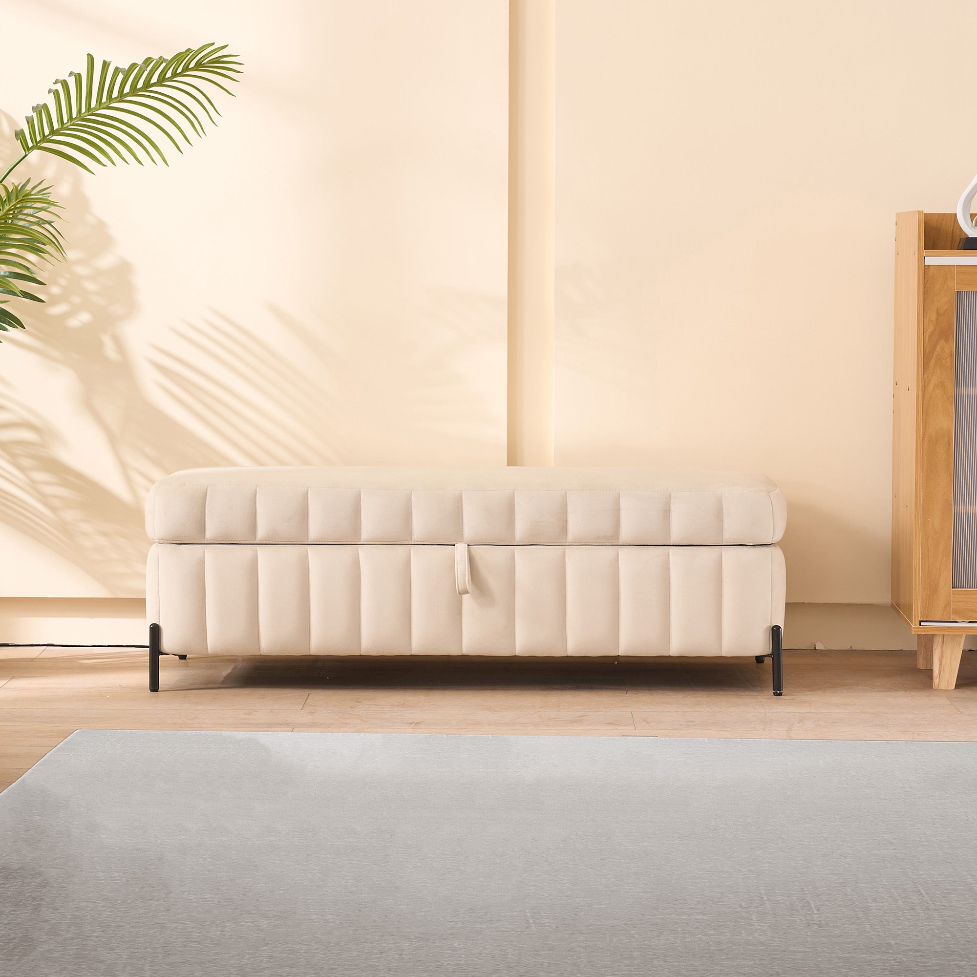 49.21' Wide Upholstered Velvet Storage Soft Bench Footstool Ottoman End of Bed with Metal Legs, Foot Rest for Living Room, Entryway and Bedroom, Beige - Grand Goldman Shop