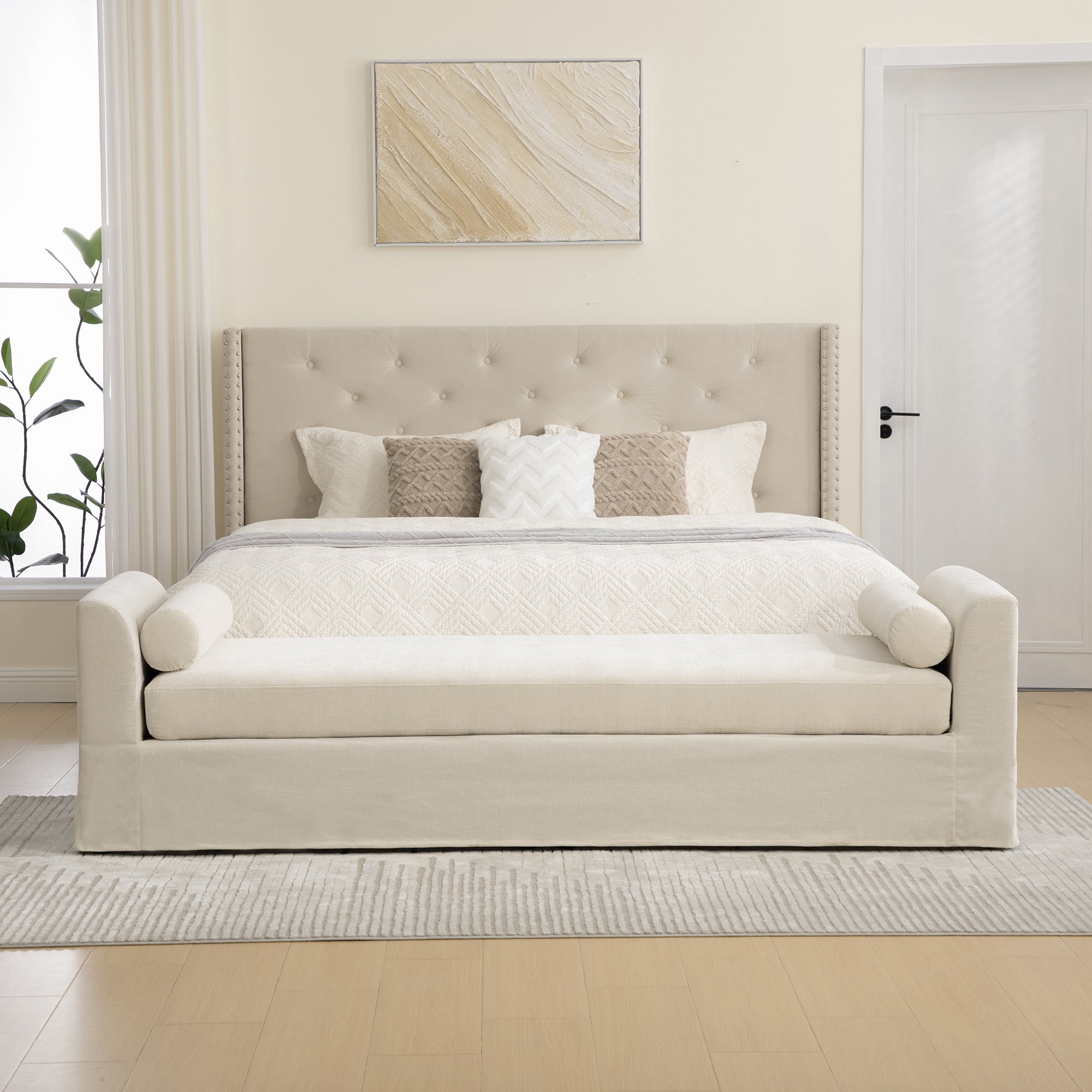 88.58' Wide Modern Bench, Bed End Bench with Armrests,Chenille Chaise Lounge Couch with 2 Bolster Pillows, Suitable For Living Rooms, Entryways, Dormitories, And Bedrooms.Beige - Grand Goldman Shop