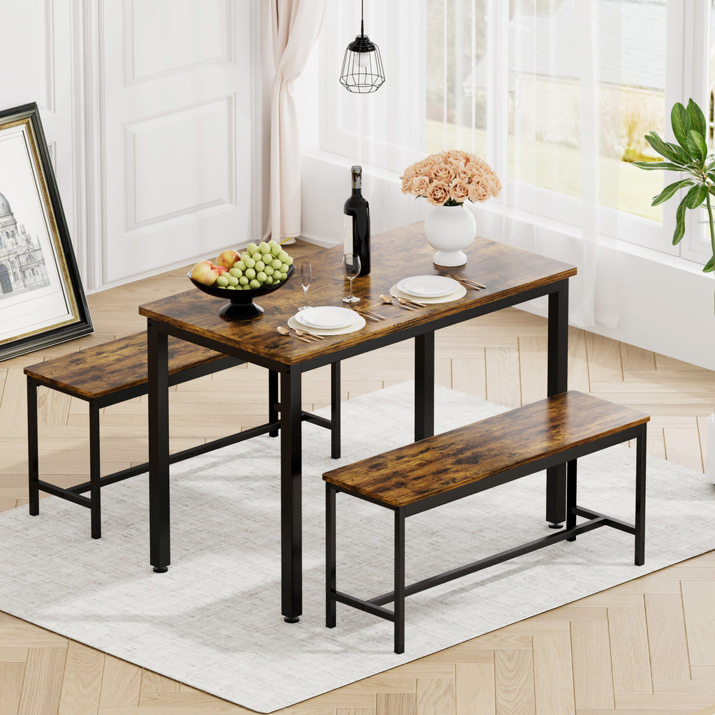 Dining Table Set, Bar Table with 2 Dining Benches, Kitchen Table Counter with Chairs, Industrial for Kitchen Breakfast Table, Living Room, Party Room, Rustic Brown and Black,43.3″L x23.6″W x 29.9″H - Grand Goldman Shop