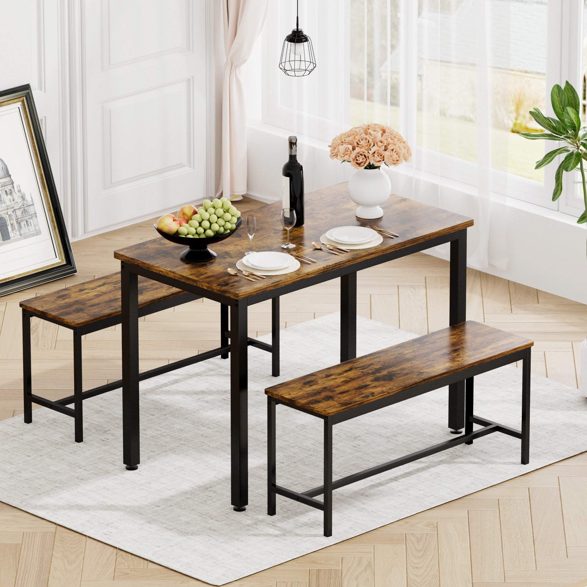 Dining Table Set, Bar Table with 2 Dining Benches, Kitchen Table Counter with Chairs, Industrial for Kitchen Breakfast Table, Living Room, Party Room, Rustic Brown and Black,43.3″L x23.6″W x 29.9″H - Grand Goldman Shop