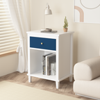Navy+Golden Handle Wooden Nightstand with One Drawer One Shelf for Kids and Adults, White+Navy Finish, MDF Material, 26.77''H - Grand Goldman Shop