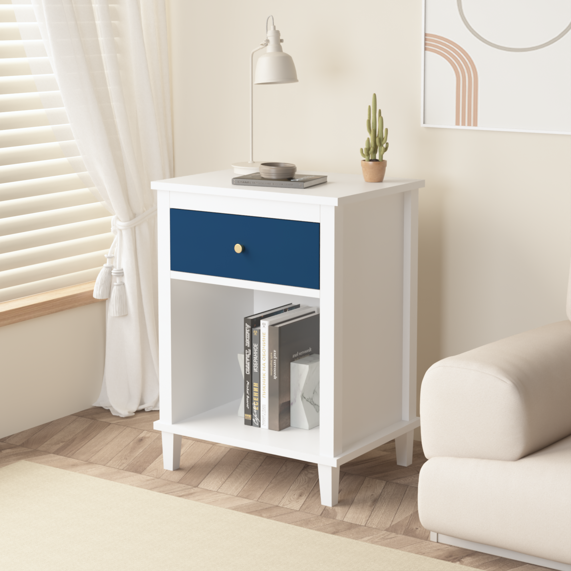 Navy+Golden Handle Wooden Nightstand with One Drawer One Shelf for Kids and Adults, White+Navy Finish, MDF Material, 26.77''H - Grand Goldman Shop