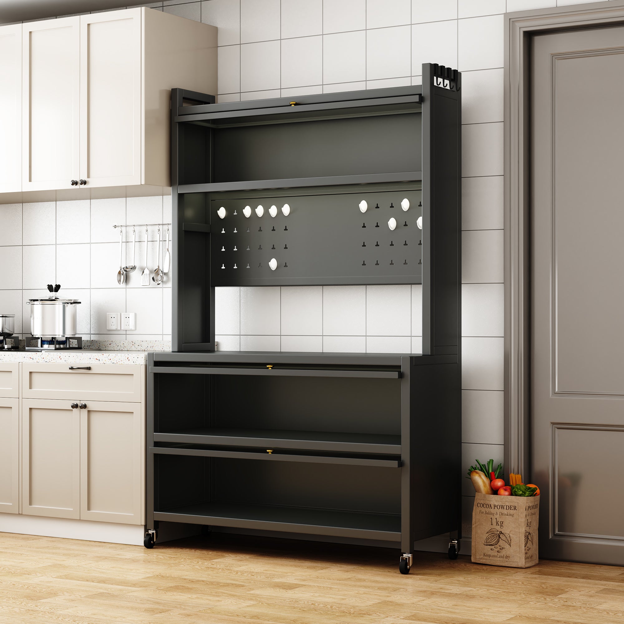 65'' Tall Kitchen Bakers Rack with Flip Door Cabinet, 5 Tier Multifunctional Microwave Stand Buffet, Coffee Bar, Quick Assembly, Gray - Grand Goldman Shop