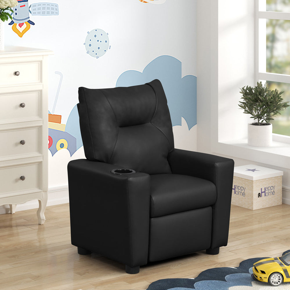 PVC Fabric Kids Recliner Chair with Cupholder, Black - Grand Goldman
