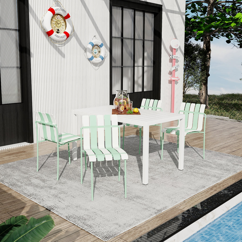 Sommer – 4er-Pack moderne Stühle mit Blockstreifen – wasserdichte PP-Sitzfläche und robuste Metallbeine (Weiß & Grün) mit 140 cm langem weißem modernem Tisch – für Innen/Außen – PP-Tischplatte mit Metallbeinen