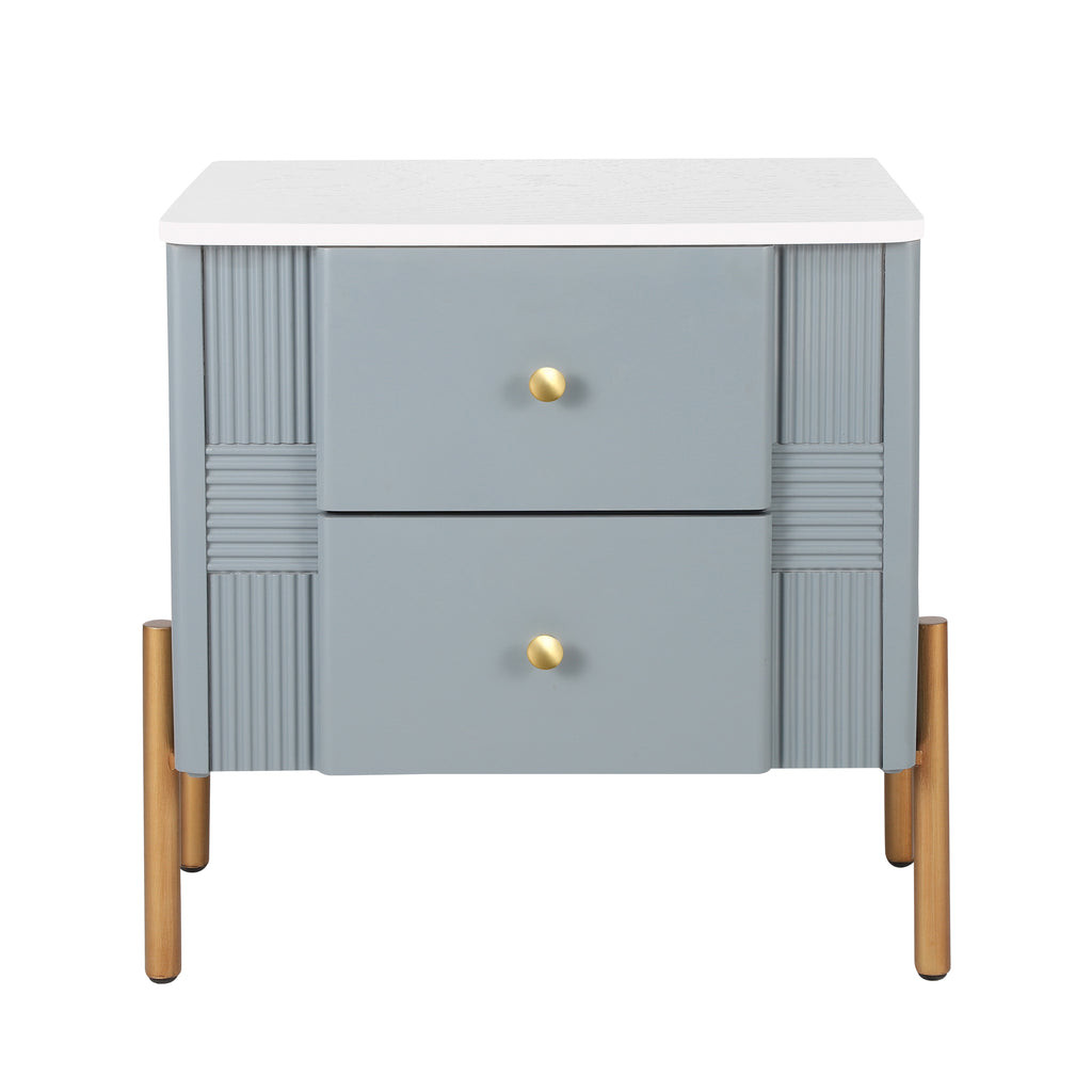 Modern Nightstand with 2 Storage Drawer, Fluted Bedside Table with Golden Metal Handles and Legs, End Table for Living Room and Bedroom, Easy Assembly, Blue - Grand Goldman Shop