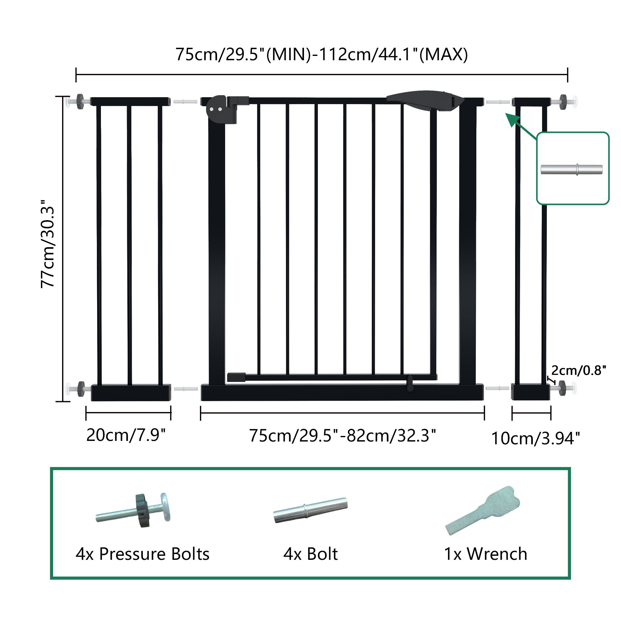 Black Pressure-Mounted Baby Gate for Stairs and Doorways, 29.5-44.1' Wide, Steel and ABS Construction, Easy Walk-Through Safe