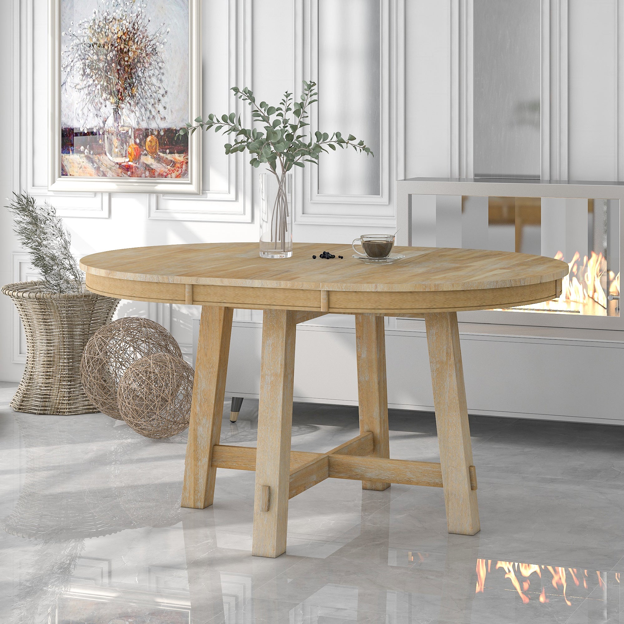Gia Round Extendable Dining Table with 16' Leaf Wood, Natural - Grand Goldman Shop