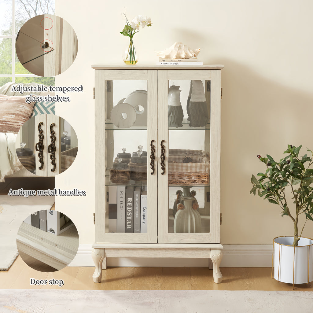 2 Doors Curio Cabinet with Tempered Glass Doors, Curio Cabinets with Mirrored Back Panel and Adjustable Shelves, Lighted Display Cabinet for Home, Office Light Bulb Included White - Grand Goldman Shop