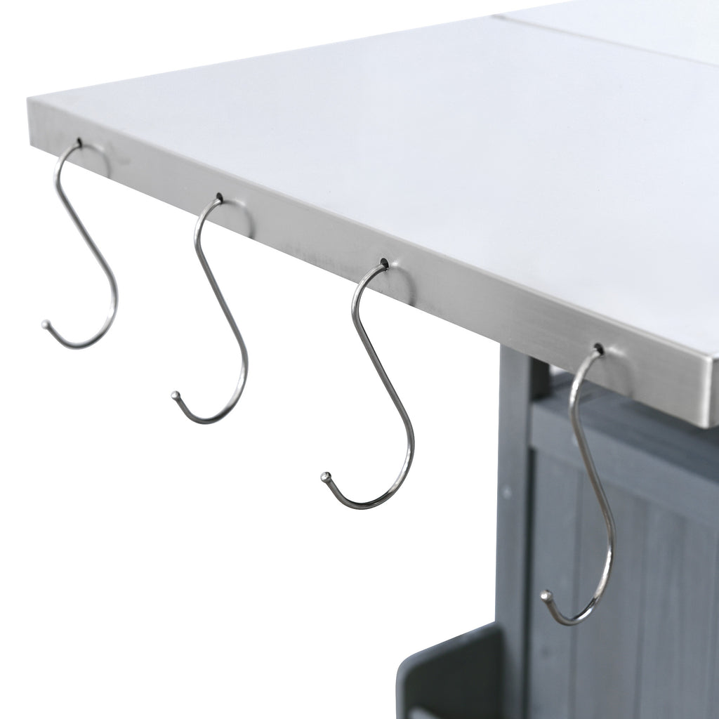 K&K 40.5' Outdoor Grill Cart with Stainless Steel Top, Solid Wood Outdoor Storage Cabinet with Drop Leaf, One Drawer, Towel Rack, Rolling Kitchen Cart with Lockable Wheels for Lawn Garden, Blue Grey - Grand Goldman Shop