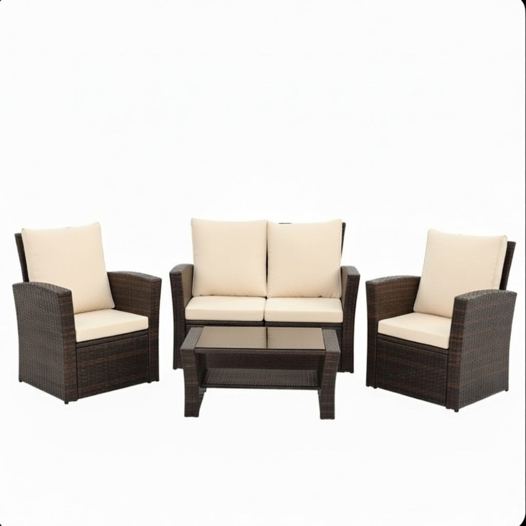 Moderne braune Allwetter-Gartengarnitur aus Polyrattan mit Kissen und Glastisch