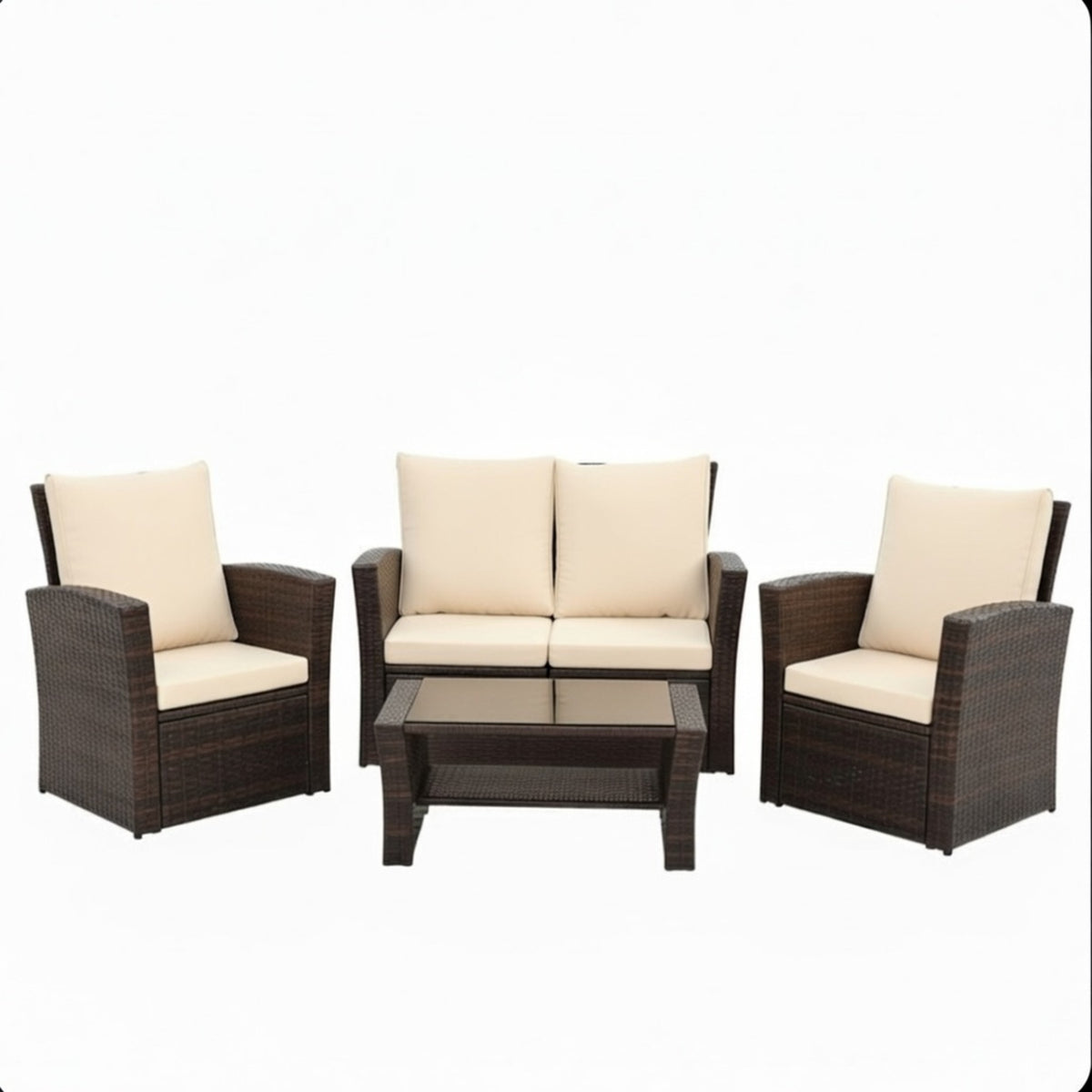 Moderne braune Allwetter-Gartengarnitur aus Polyrattan mit Kissen und Glastisch