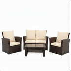 Moderne braune Allwetter-Gartengarnitur aus Polyrattan mit Kissen und Glastisch