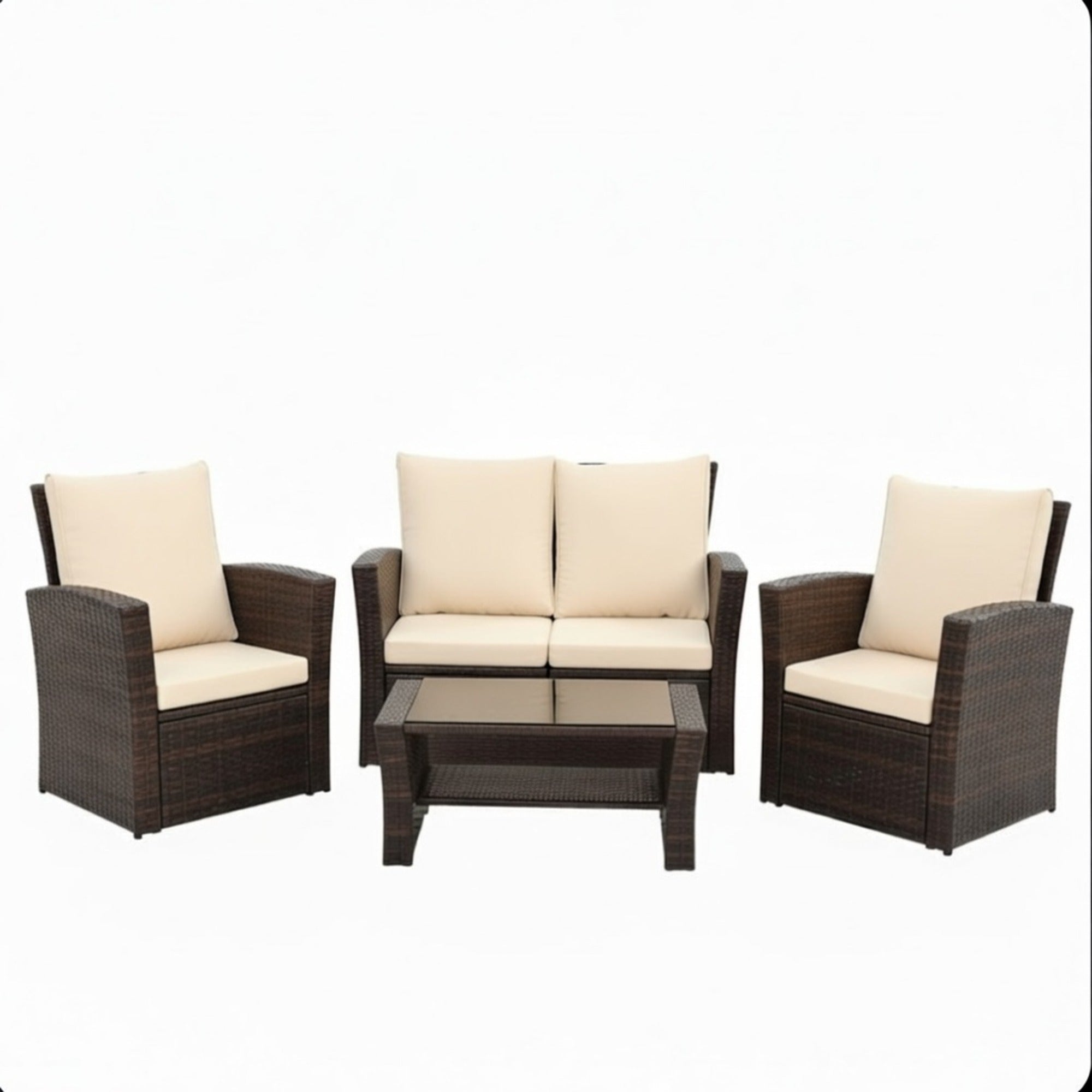 Moderne braune Allwetter-Gartengarnitur aus Polyrattan mit Kissen und Glastisch