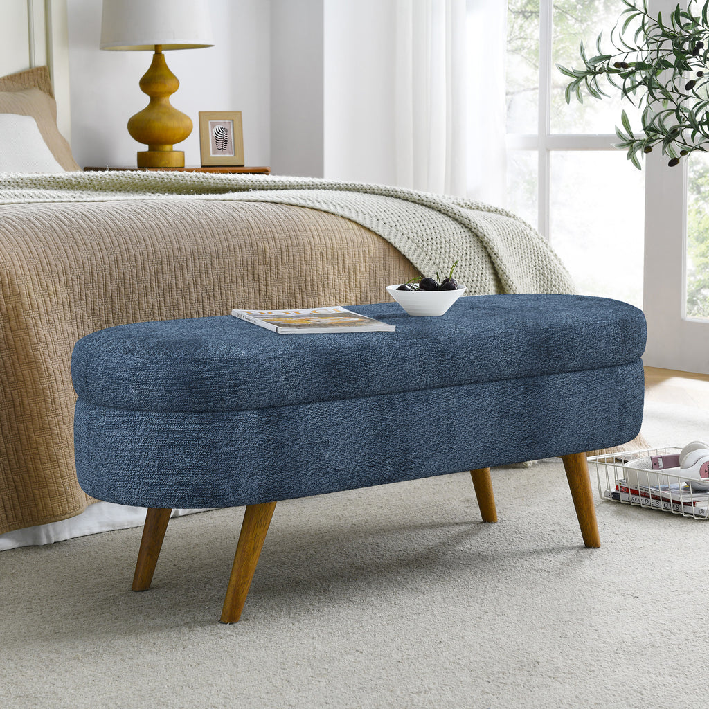 Modern Ottoman Oval Storage Bench with Rubber Wood Legs, Dark Blue Fabric, 43.5'x16'x16' - Grand Goldman Shop