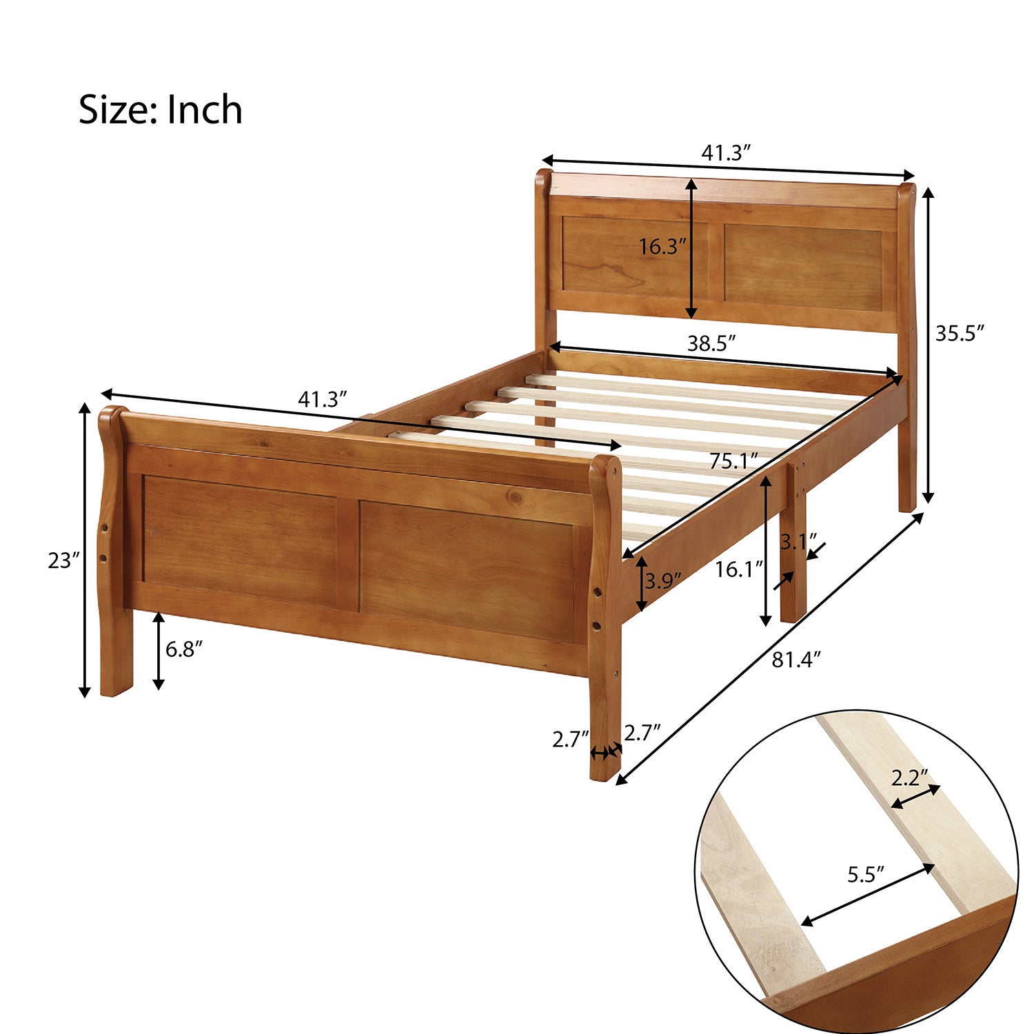 Minimalist Wood Platform Twin Bed Frame with Sleigh Headboard/Footboard and Wood Slat Support - Grand Goldman Shop