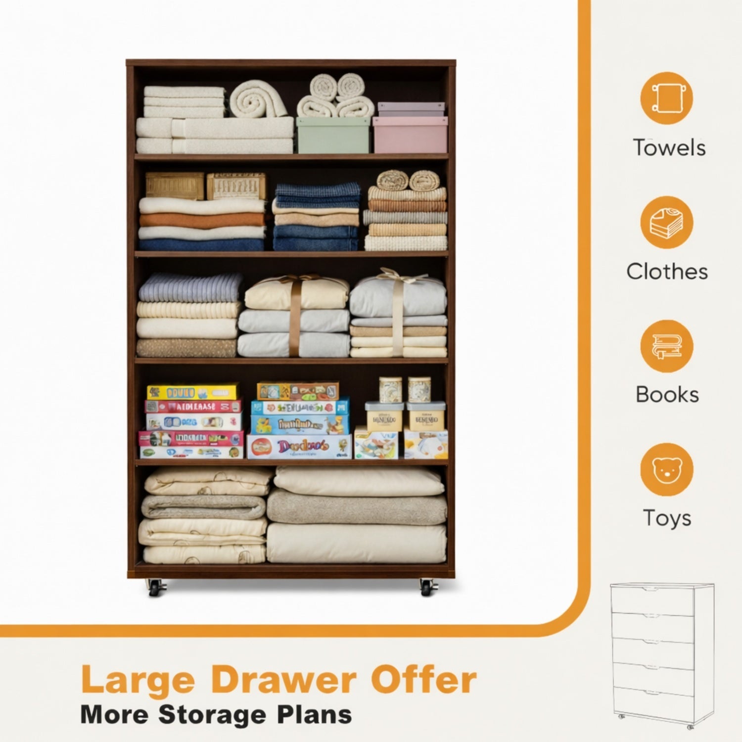 Rustic Dark Brown 5-Drawer Rolling Dresser with Caster Wheels, Wooden Mobile Storage Cabinet for Bedroom, Closet, or Small Space, 30.71' W x 15.83' D x 46.46' H - Grand Goldman Shop