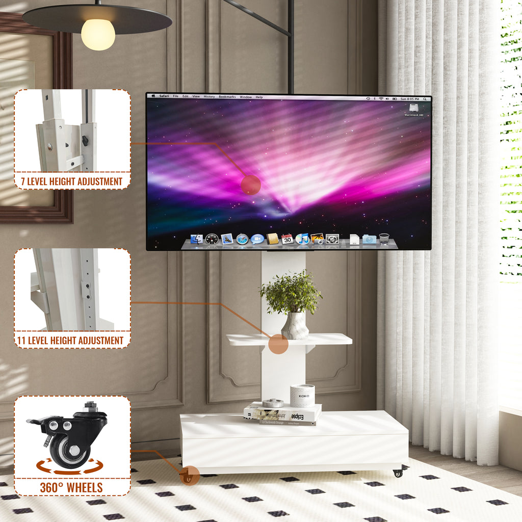 Versatile TV Stand with Push-Pull Drawer, Adjustable Height, Mobile Cart with Wheels, White MDF & Metal, 32-75 Inches - Grand Goldman Shop
