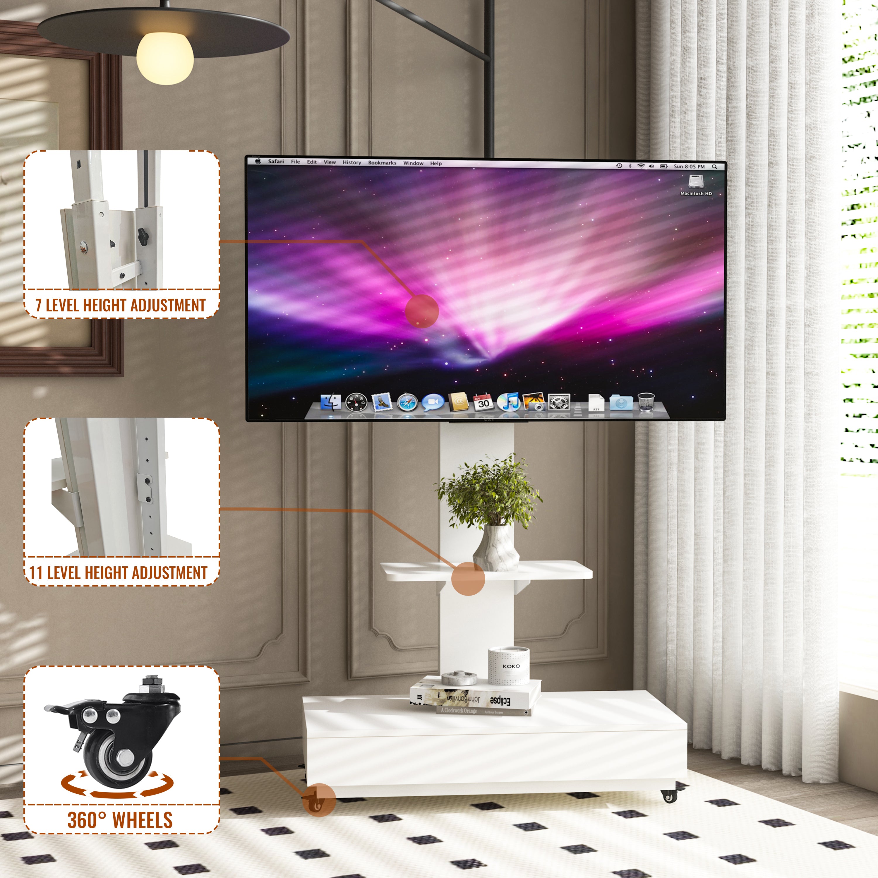 Versatile TV Stand with Push-Pull Drawer, Adjustable Height, Mobile Cart with Wheels, White MDF & Metal, 32-75 Inches - Grand Goldman Shop