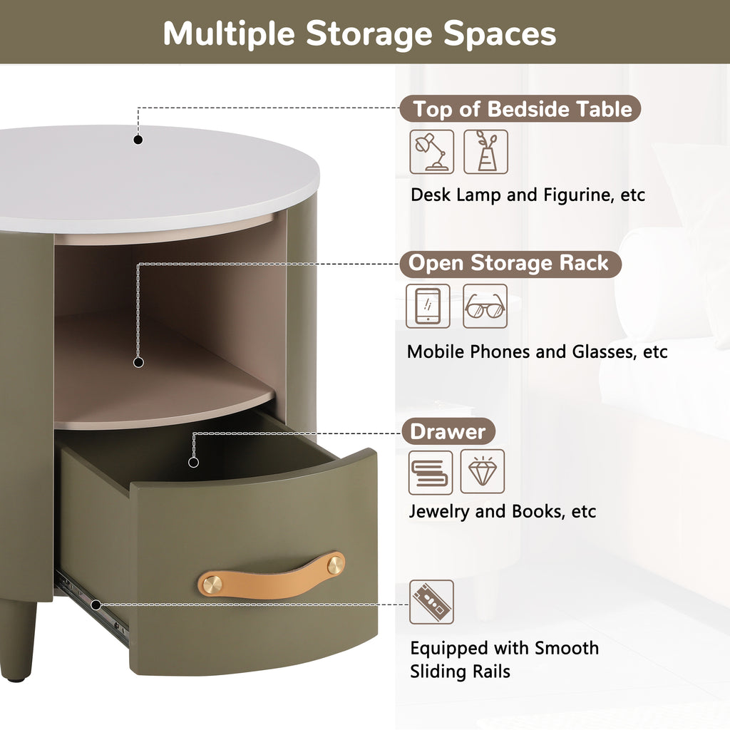 Contemporary & Modern Round Nightstand with Storage Drawer, Sofa End Table with Open Storage Shelf, Bedside Table with Curved Design for Living Room & Bedroom, Easy Assembly, Green - Grand Goldman Shop