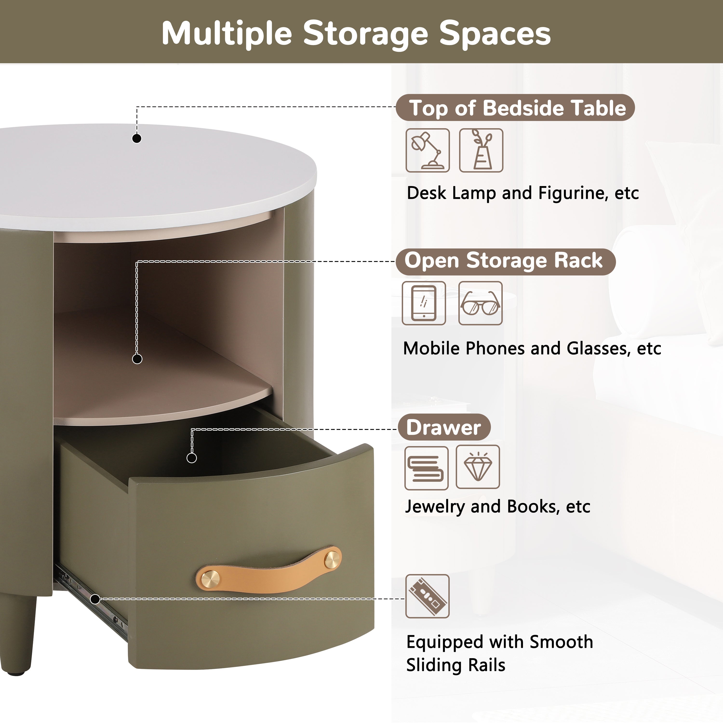 Contemporary & Modern Round Nightstand with Storage Drawer, Sofa End Table with Open Storage Shelf, Bedside Table with Curved Design for Living Room & Bedroom, Easy Assembly, Green - Grand Goldman Shop