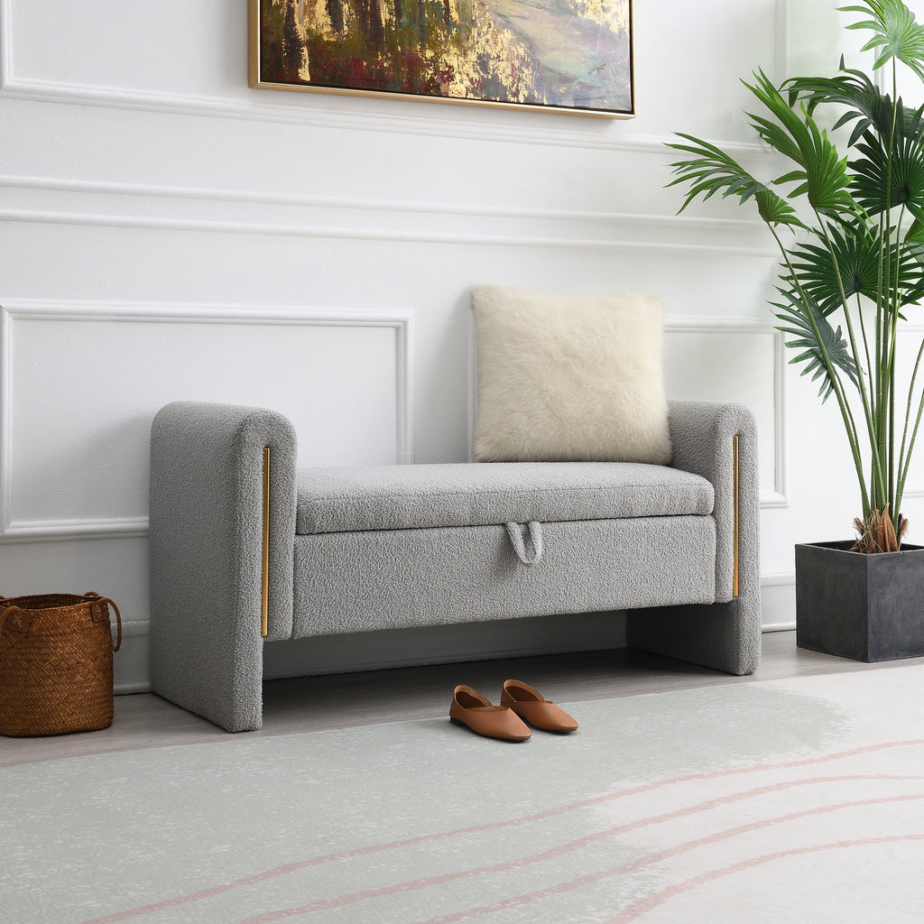 Modern Teddy Upholstered Storage Bench with Arms and Comfy Teddy Fabric in Grey - Grand Goldman Shop