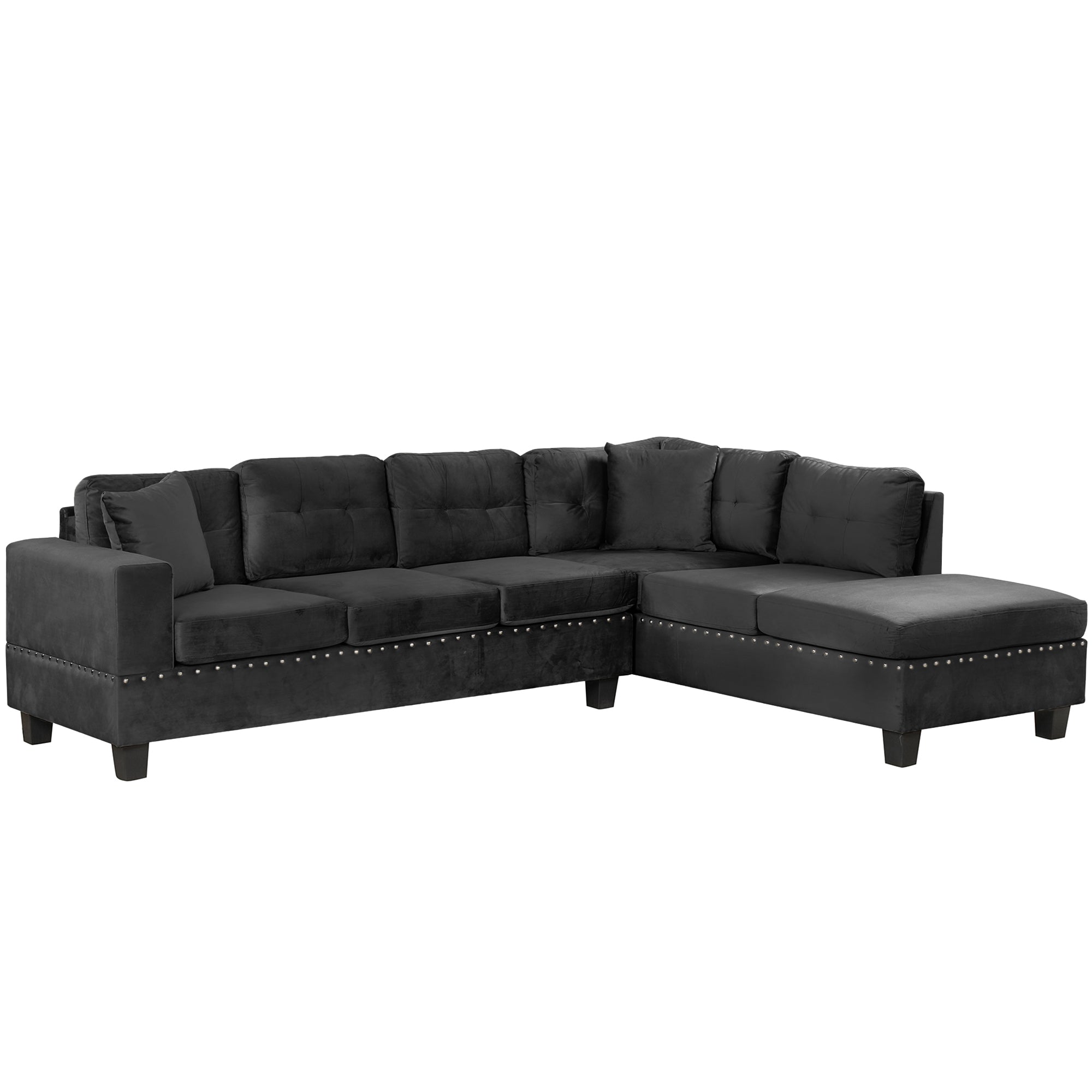 Modern Sectional Sofa with Storage Ottoman, L-Shape Couch with 2 Pillows and Cup Holders, Black Velvet, 105' - Grand Goldman Shop