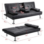MEGA Futon Sofa Bed, Modern Faux Leather Convertible Folding Lounge Sofa for Living Room with 2 Cup Holders Removable Soft Armrests and Sturdy Metal Legs, Charming Black. - Grand Goldman Shop