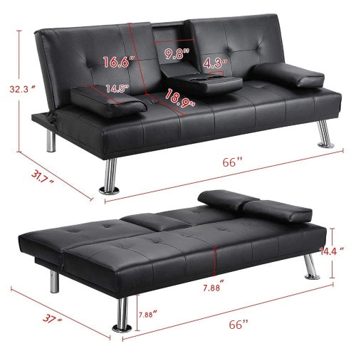 MEGA Futon Sofa Bed, Modern Faux Leather Convertible Folding Lounge Sofa for Living Room with 2 Cup Holders Removable Soft Armrests and Sturdy Metal Legs, Charming Black. - Grand Goldman Shop