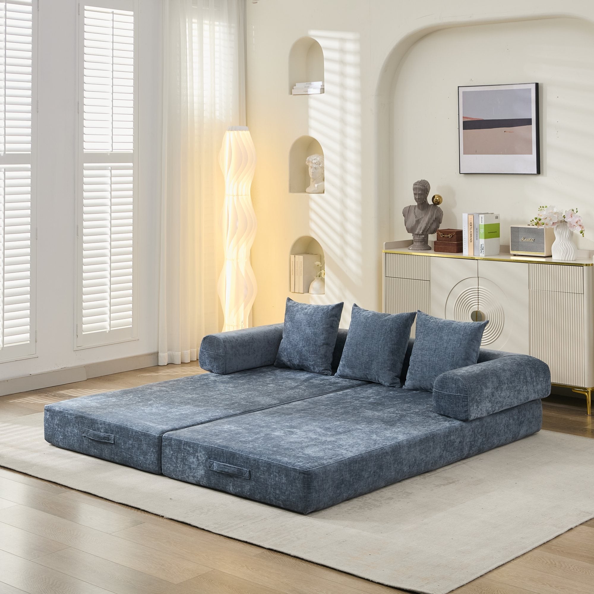 Comfy Convertible Folding Mattress Couch, Floor Sofa Bed, Chenille Floor Sofa with Armrest, Floor Sofa Lounge Couch for Living Room Bedroom Lounge Studio-Blue - Grand Goldman Shop