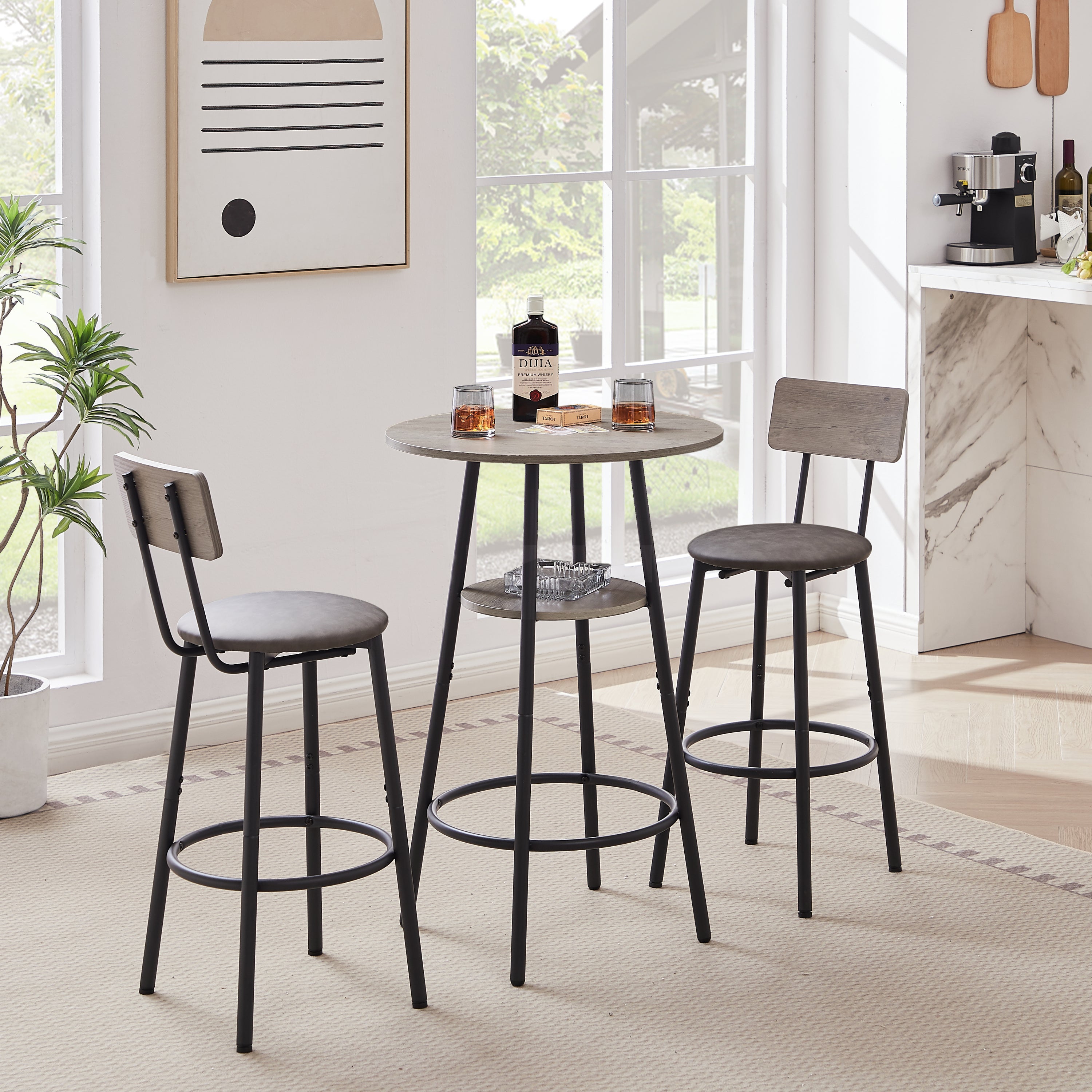 Round bar stool set with shelf, upholstered stool with backrest Grey, 23.62'' W x 23.62'' D x 35.43'' H. - Grand Goldman Shop