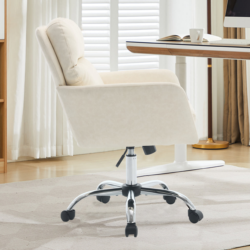 Modern Office Chair with Adjustable Height, White PU Leather Upholstery, Metal Frame for Office, Bedroom, Dressing Table Use 