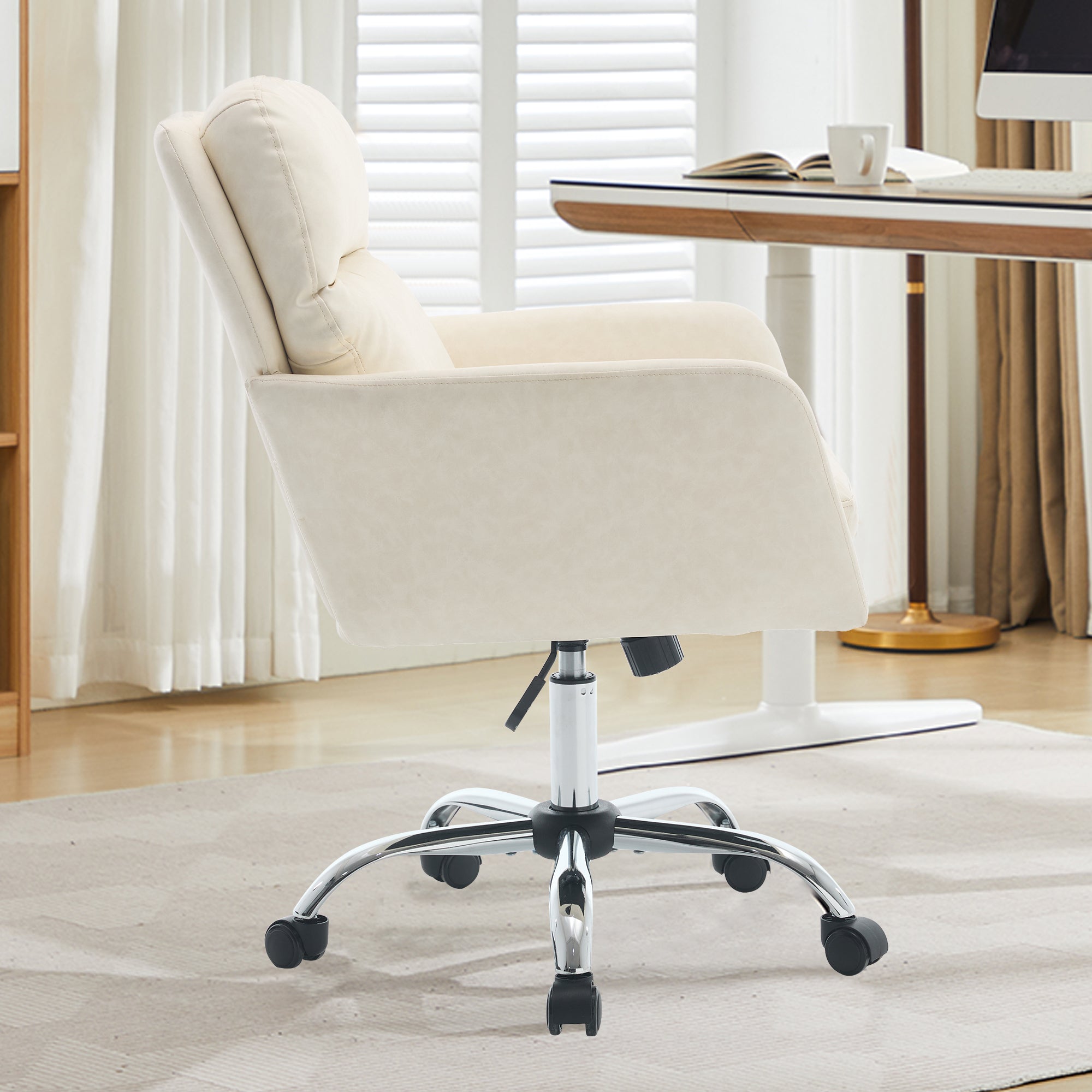 Modern Office Chair with Adjustable Height, White PU Leather Upholstery, Metal Frame for Office, Bedroom, Dressing Table Use 