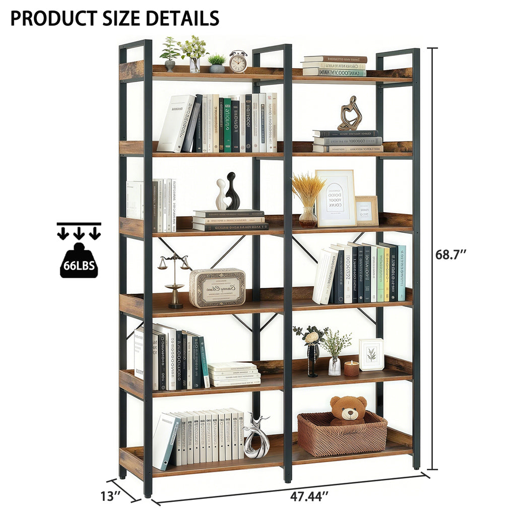 6-Tier Industrial Bookshelf, 67' Wooden Bookshelf with Open Shelves, Freestanding Metal Frame Bookcase for Storage and Display, Modern Book Shelves for Bedroom, Living Room and Home Office, Brown - Grand Goldman Shop