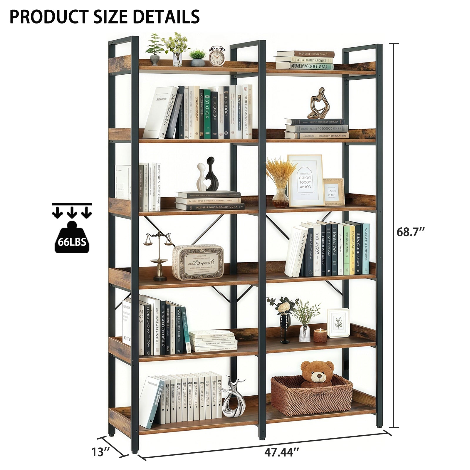 6-Tier Industrial Bookshelf, 67' Wooden Bookshelf with Open Shelves, Freestanding Metal Frame Bookcase for Storage and Display, Modern Book Shelves for Bedroom, Living Room and Home Office, Brown - Grand Goldman Shop