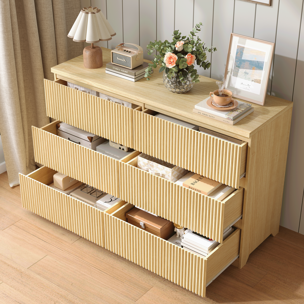 6 Drawer Storage Cabinet ,Dresser, Wood Storage Tower Clothes Organizer with Wavy drawer panel, Wide Chest of 6 Drawers, Large Storage Space for Bedroom, Hallway, Entryway Living Room Natural - Grand Goldman Shop