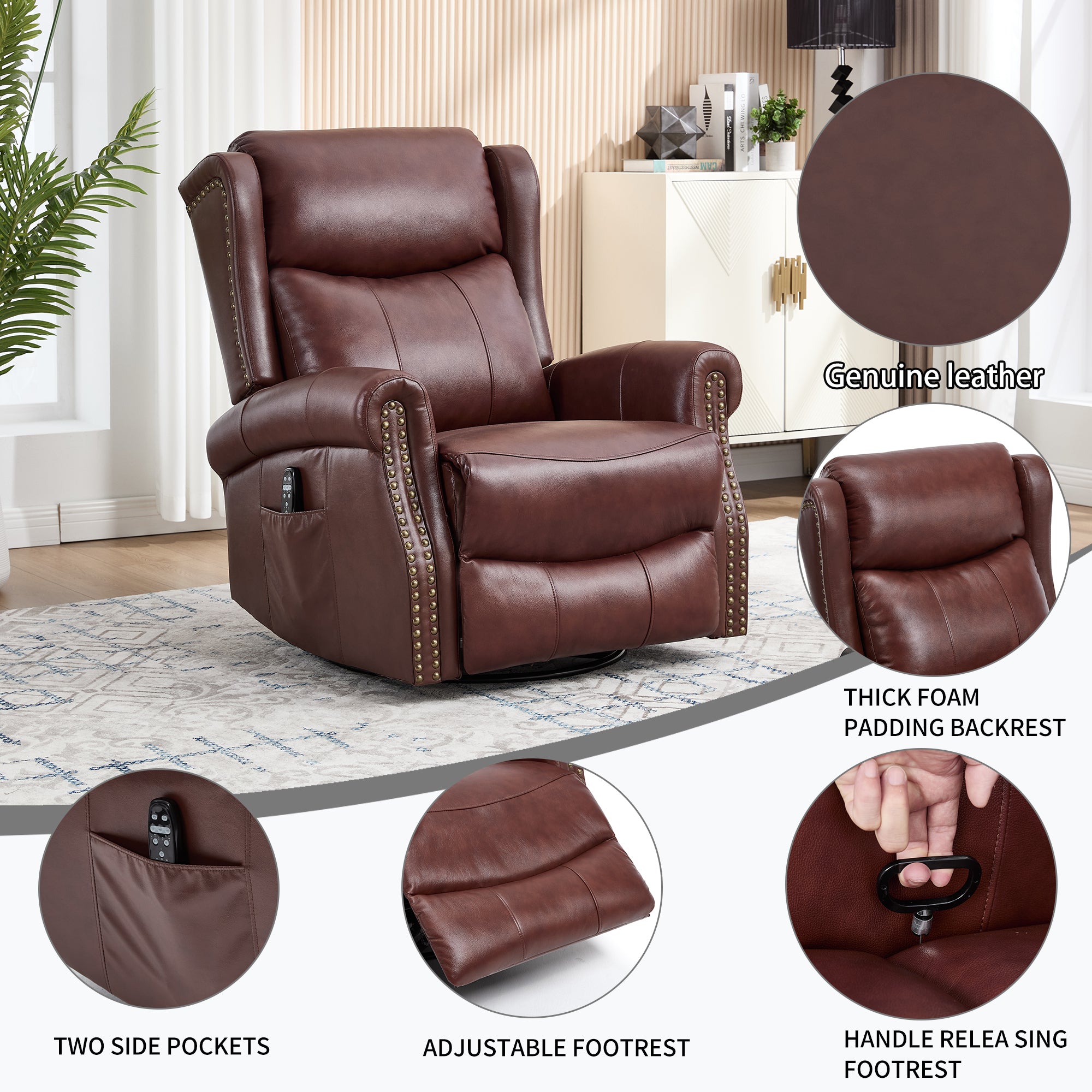Heat Massage Manual Recliner Chair with Rocker and Swivel in Genuine leather for Living Room, Red - Grand Goldman Shop