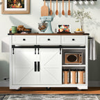 K&K 53.7' Farmhouse Kitchen Island with Power Outlet, 2 Sliding Barn Door Kitchen Storage Island with Drop Leaf, Spice Rack Rolling Kitchen Cart on Wheels, for Home, Kitchen and Dining Room, White - Grand Goldman Shop