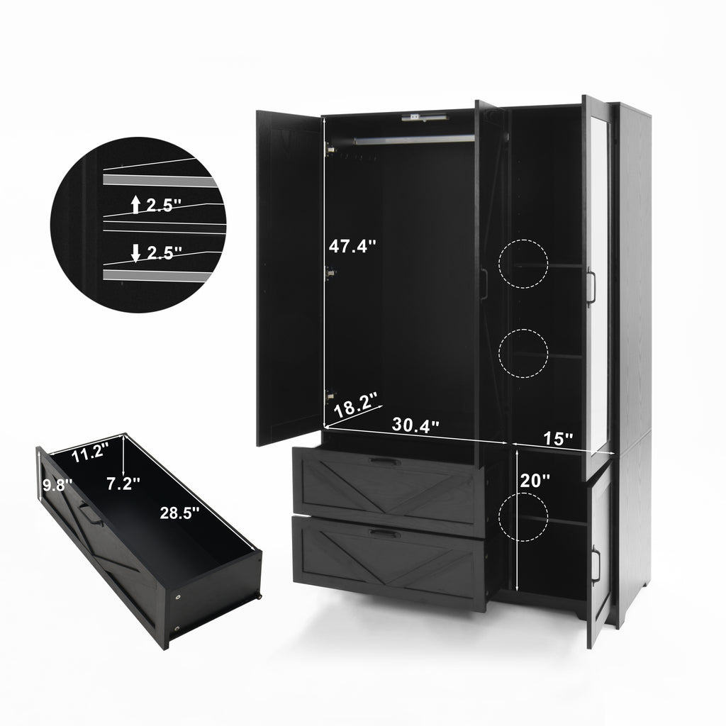 4 Doors Wardrobe Closet with Mirror, LED Wardrobe with Doors and 2 Drawers, Wooden Wardrobe Storage Cabinet with Hanging Rod, Adjustable Shelves, Black - Grand Goldman Shop