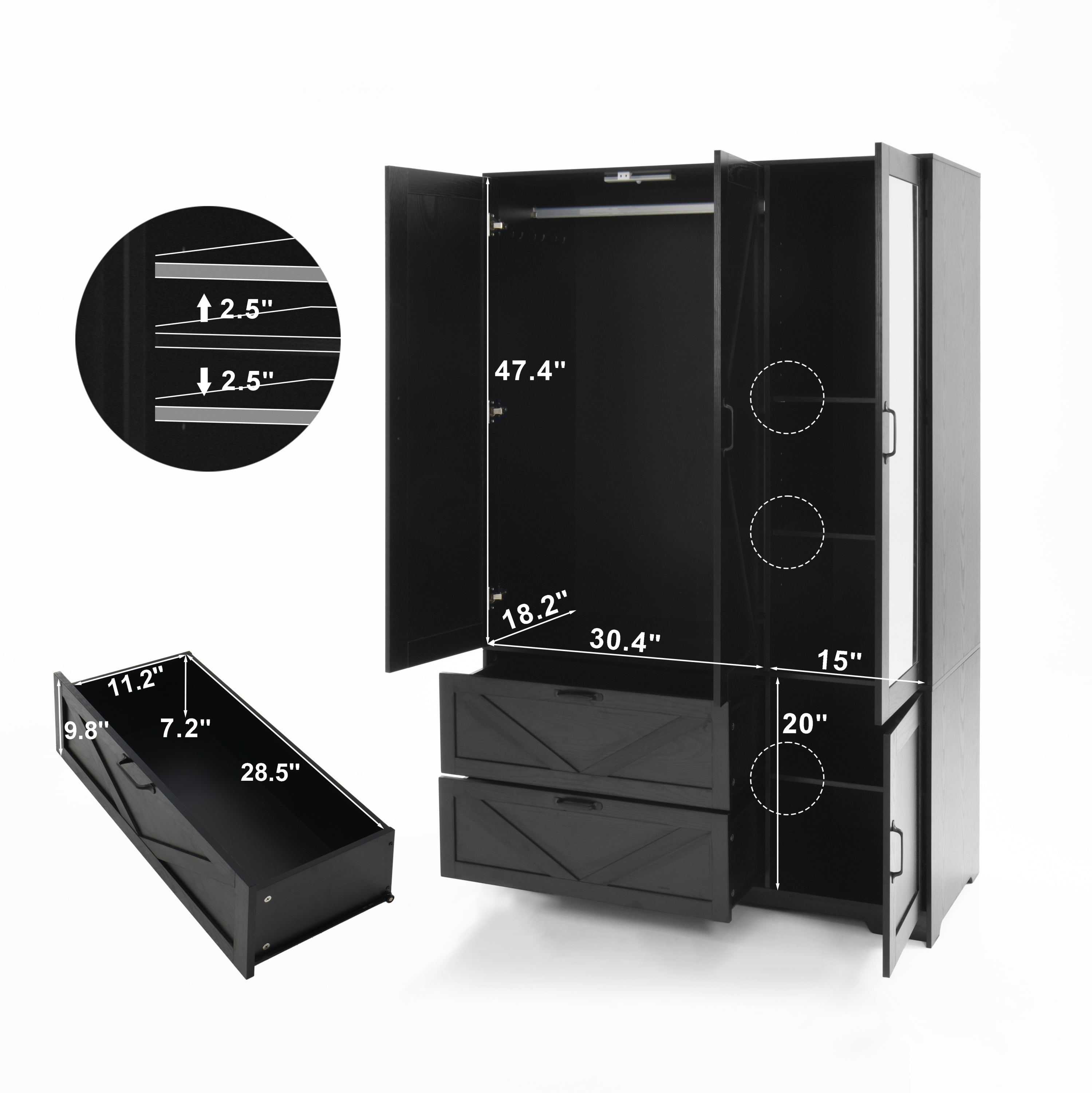 4 Doors Wardrobe Closet with Mirror, LED Wardrobe with Doors and 2 Drawers, Wooden Wardrobe Storage Cabinet with Hanging Rod, Adjustable Shelves, Black - Grand Goldman Shop