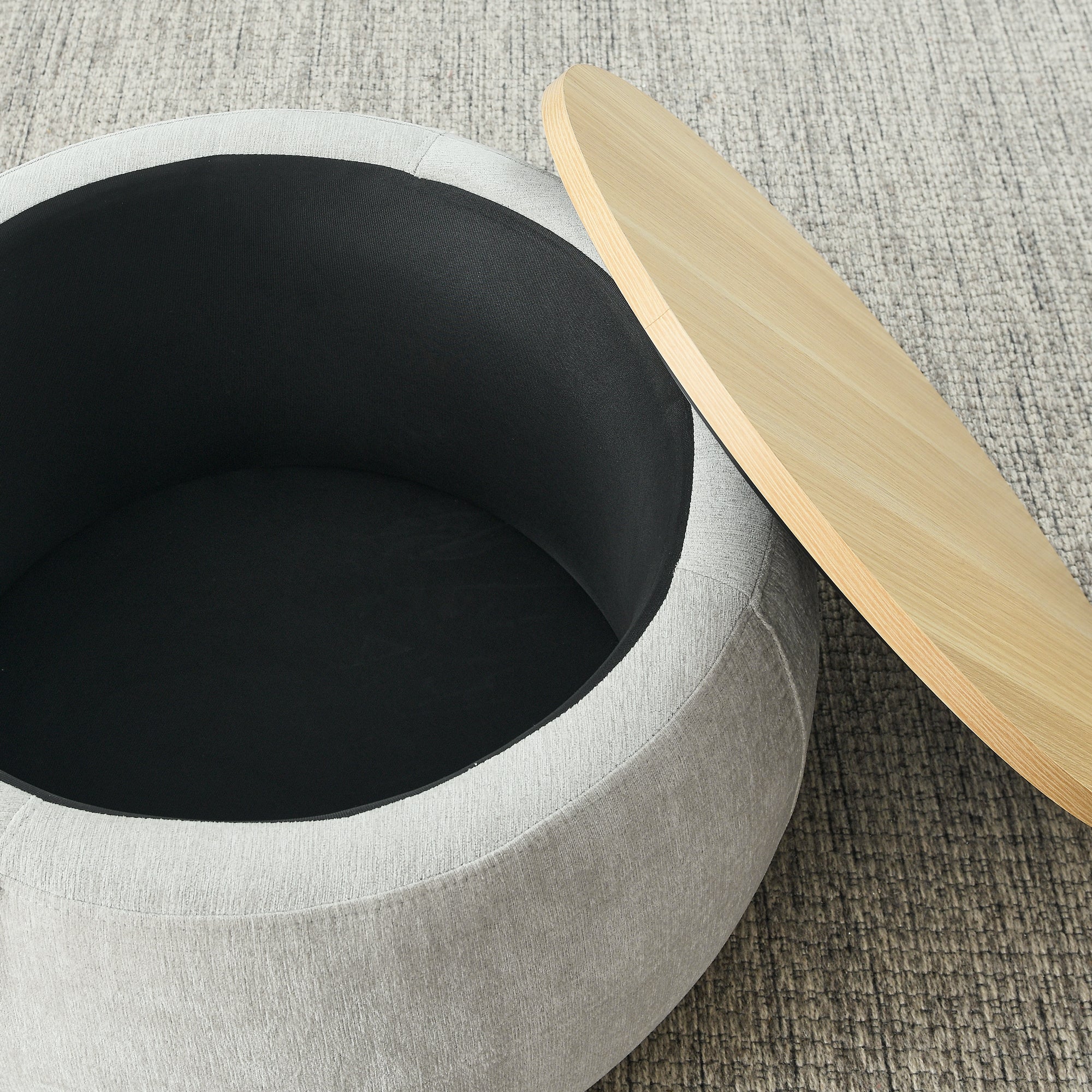 Light Grey Round Storage Ottoman, 2 in 1 Function End Table and Ottoman with Small Seat, Eucalyptus Wood and Foam - Grand Goldman Shop