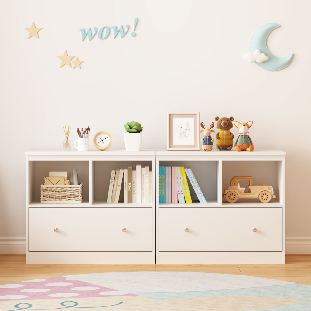 White Wooden Kids Toy Storage Organizer with Large Drawer and Low Bookshelf for Nursery & Playroom, Engineered Wood Cabinet f