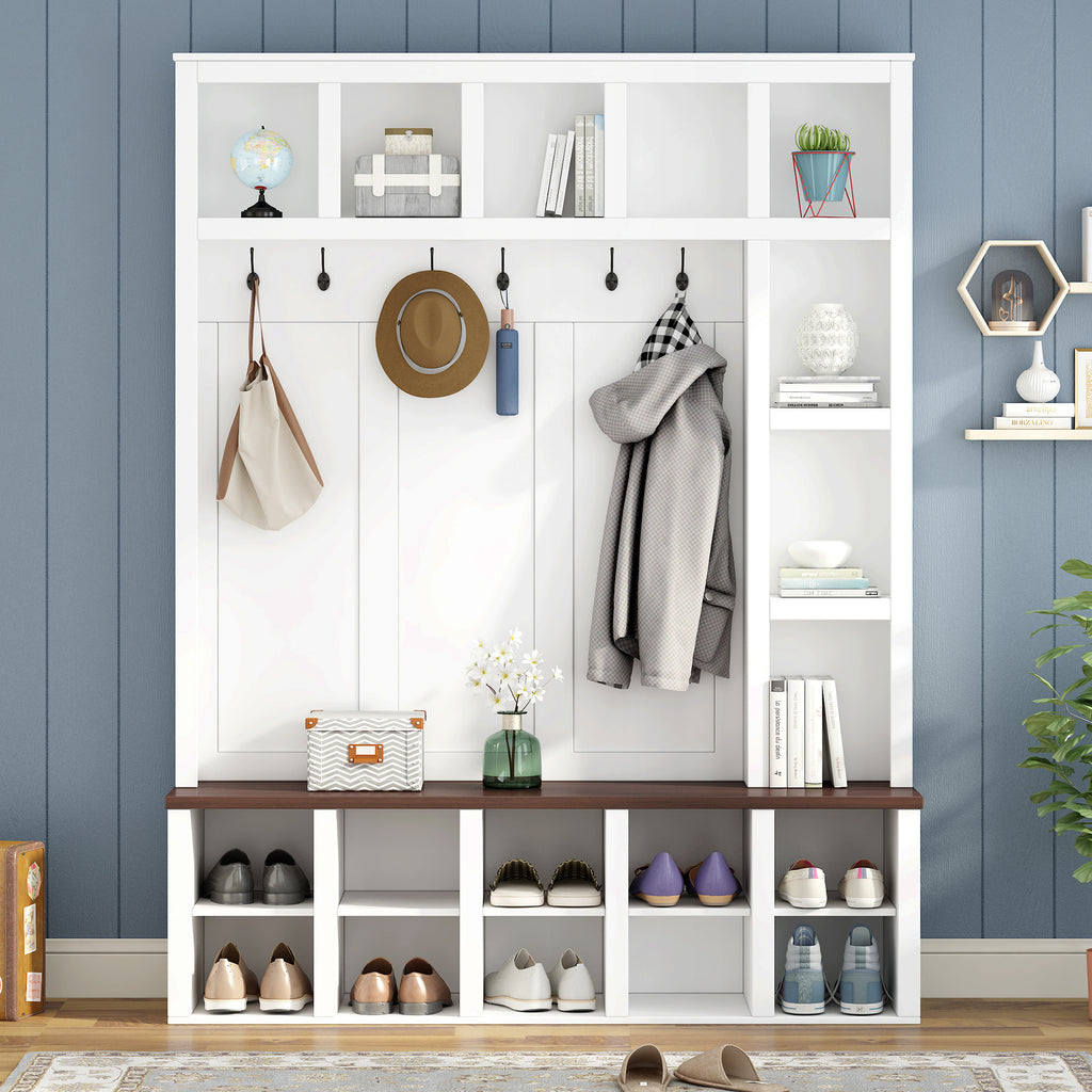 Farmhouse Wooden Hall Tree with 6 Hooks, Walnut Storage Bench with Adjustable Shelves, 4-in-1 Entryway Shoe Cabinet with Cubbies for Mudroom, Living Room, White, 76.7'H (OLD SKU: N721S000044K) - Grand Goldman Shop